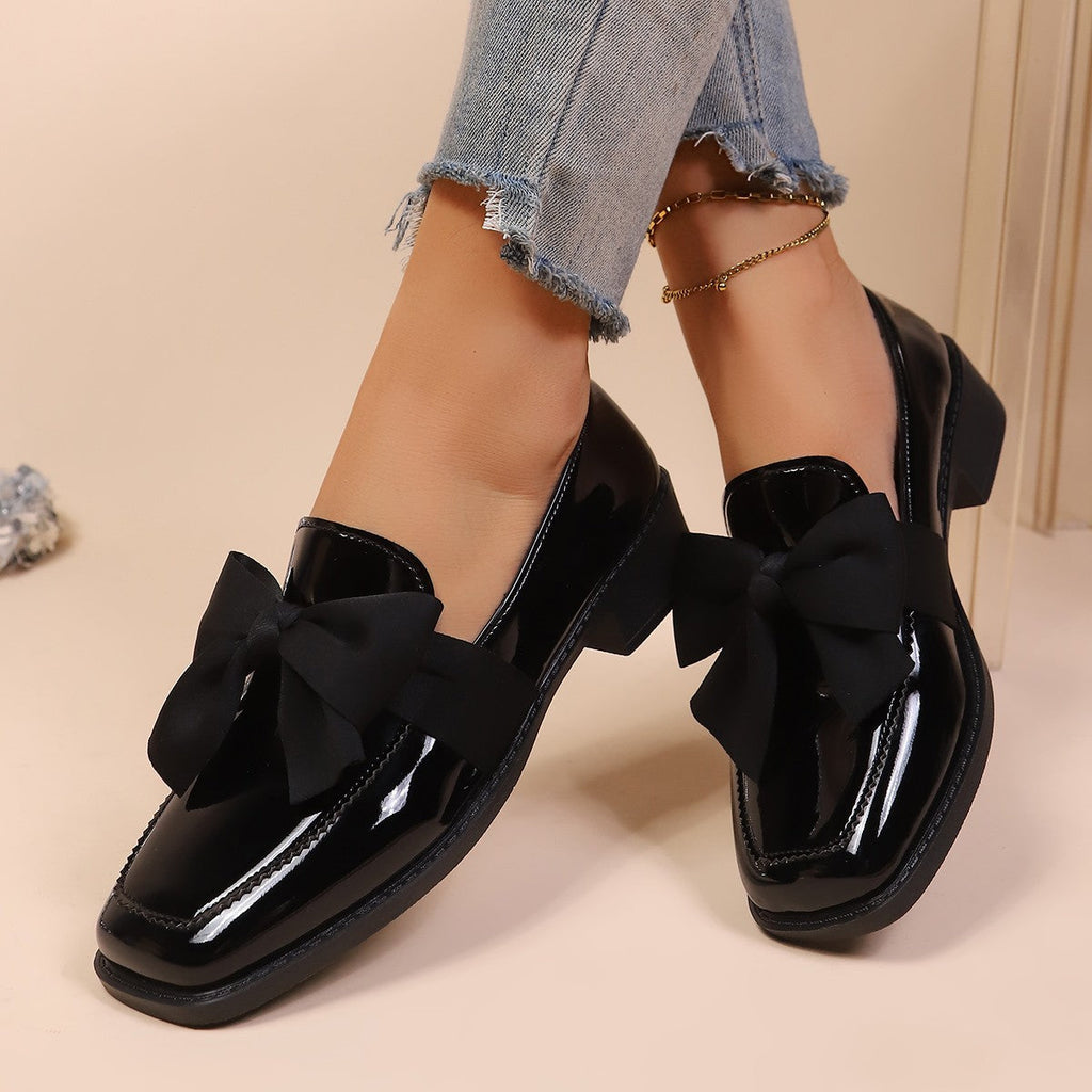 Elegant Black Bow Flats - Square Toe Slip-On Dress Shoes for Women