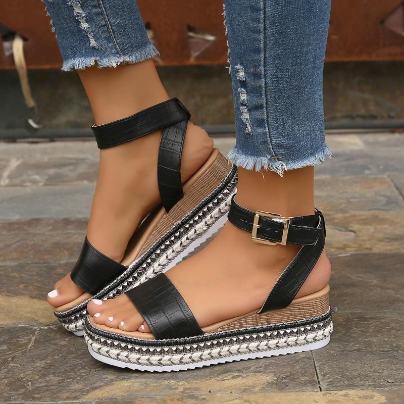 Women's Buckle Strap Hemp Wedge Platform Sandals | Open-Toe Summer Peep-Toe Shoes