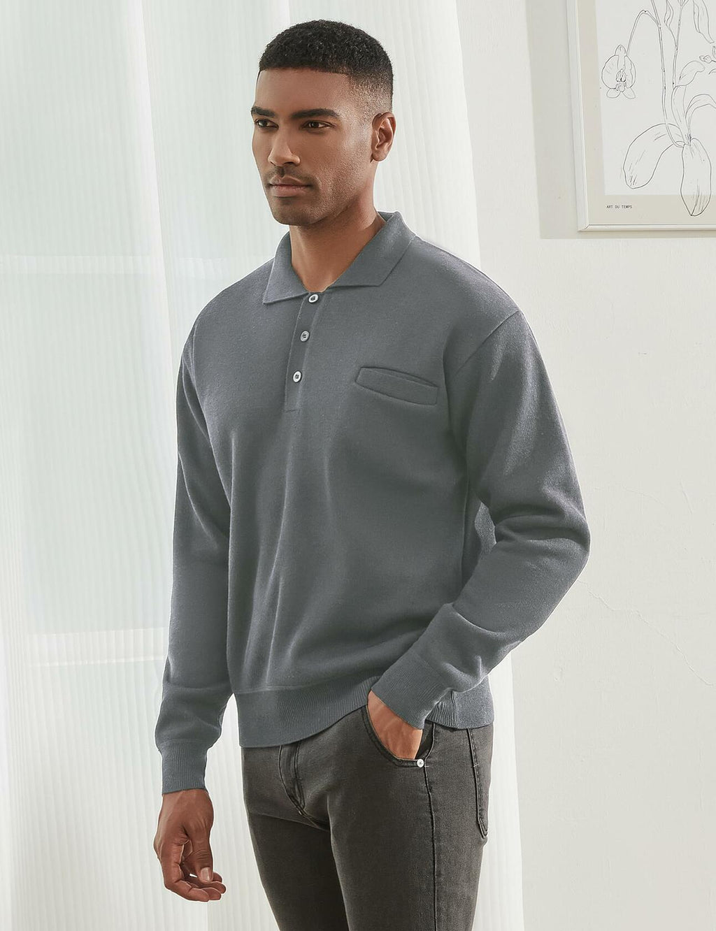 Men’s Knit Polo Sweater Grey Long Sleeve Fleece Lined XL Classic