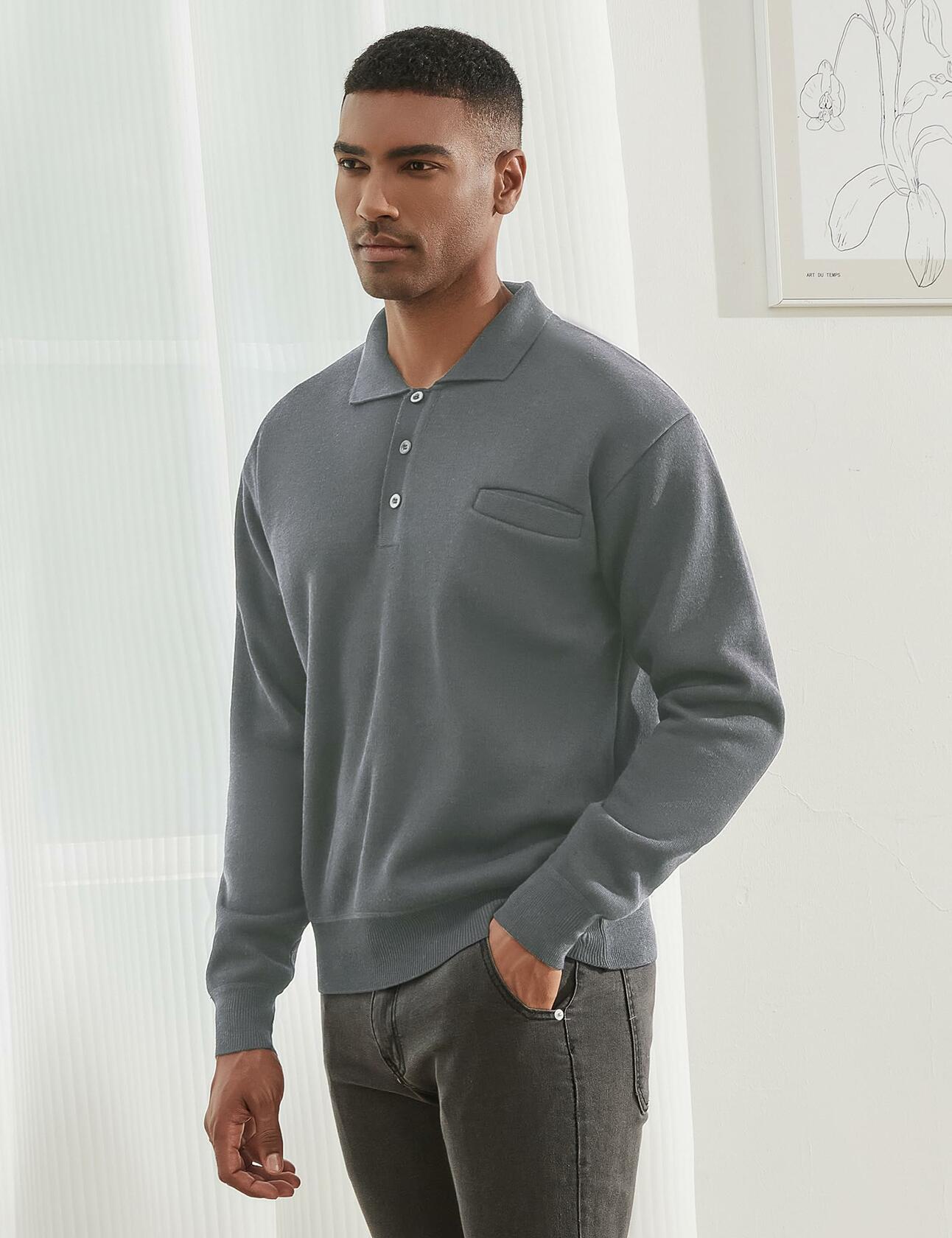 Men’s Knit Polo Sweater Grey Long Sleeve Fleece Lined XL Classic