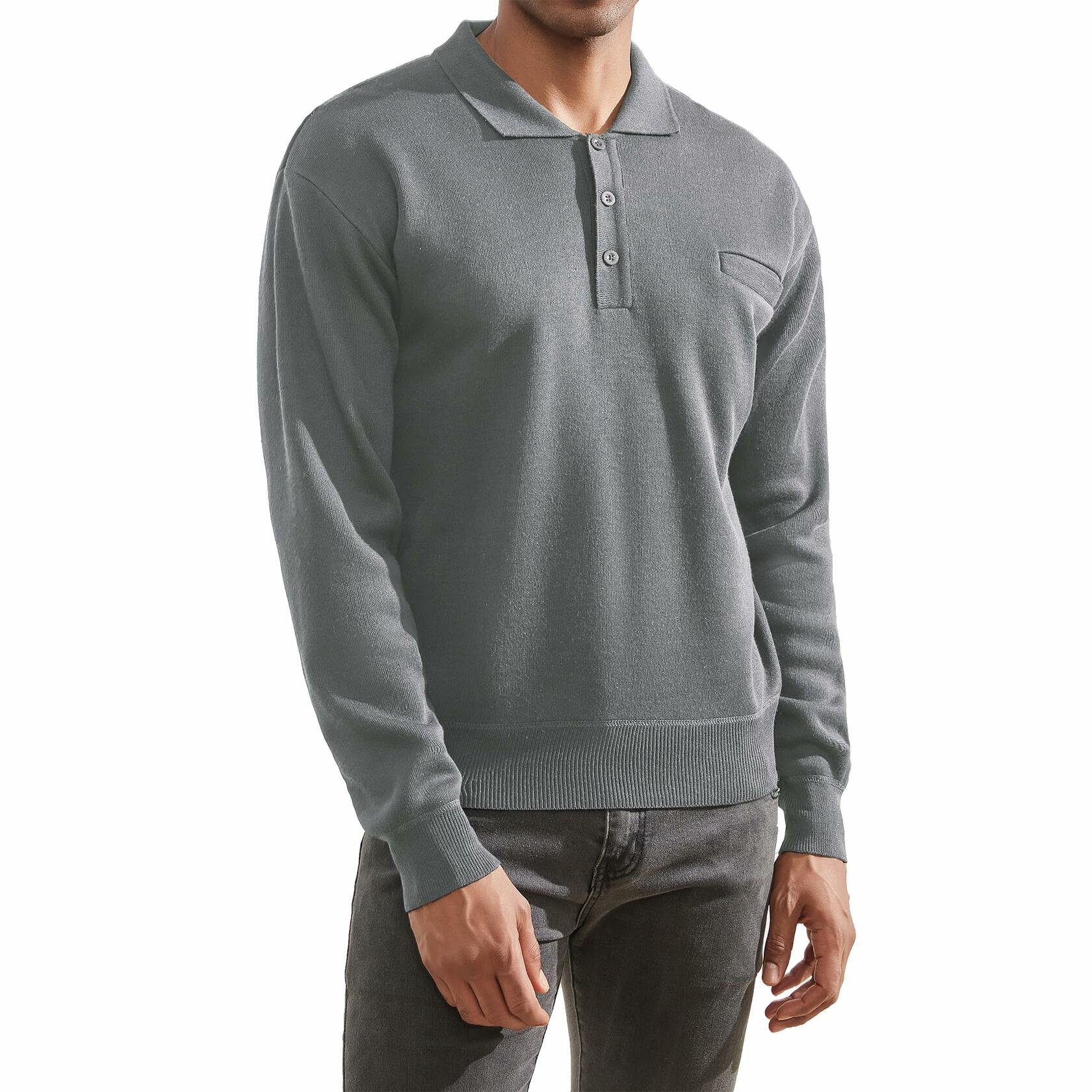 Men’s Knit Polo Sweater Grey Long Sleeve Fleece Lined XL Classic