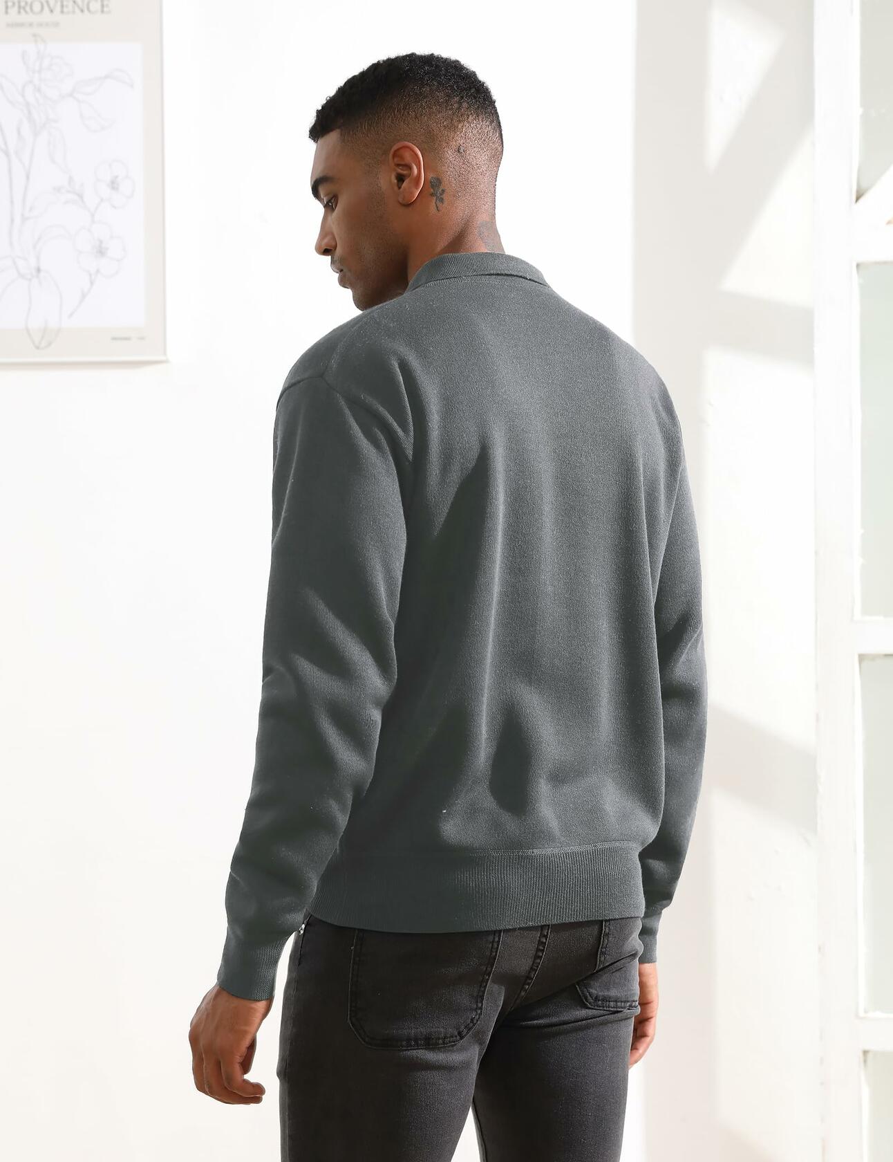 Men’s Knit Polo Sweater Grey Long Sleeve Fleece Lined XL Classic