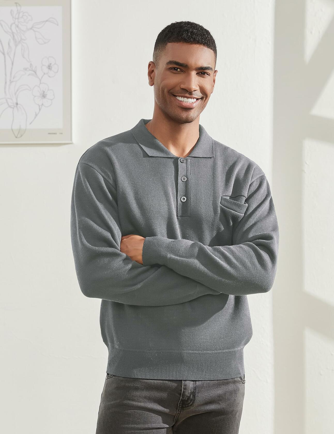 Men’s Knit Polo Sweater Grey Long Sleeve Fleece Lined XL Classic